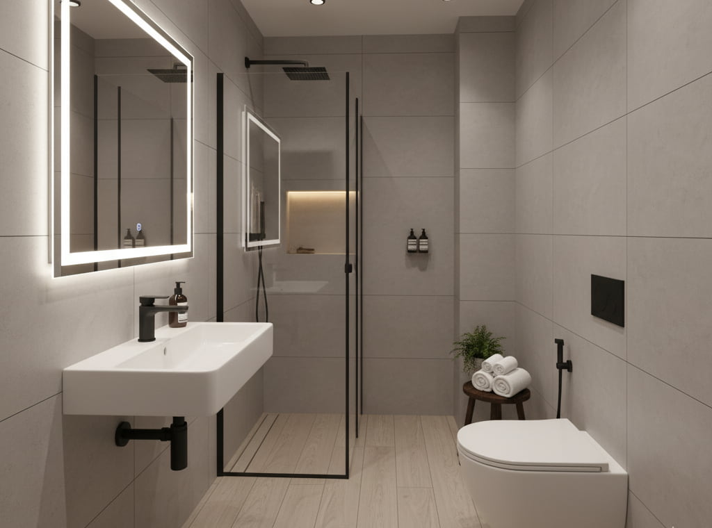 Baño moderno con acabados claros