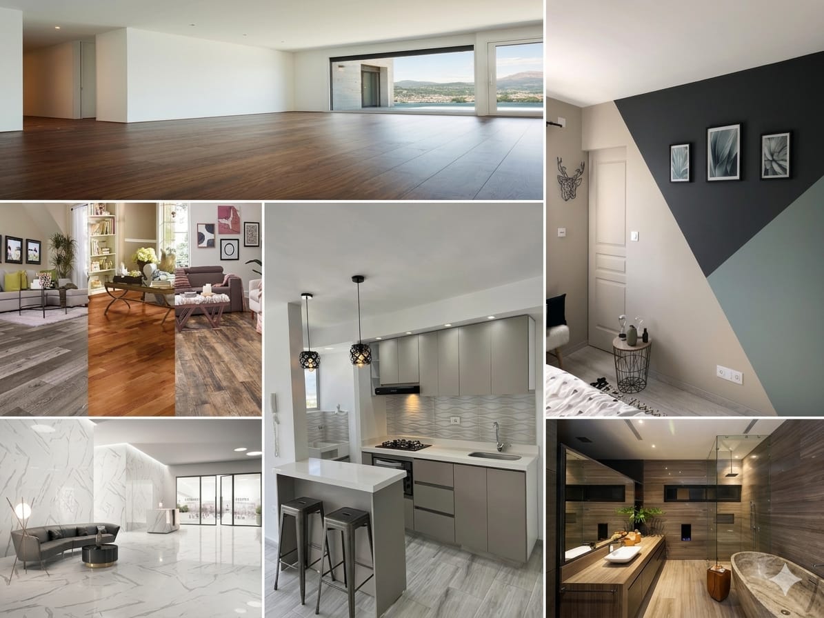 Interiores con pisos, acabados y espacios remodelados